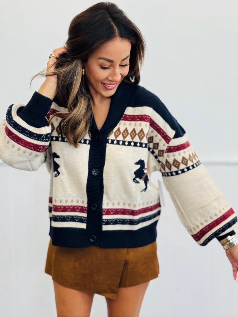 Womens Roping Horse Fair Isle Button Cardigan Sweater